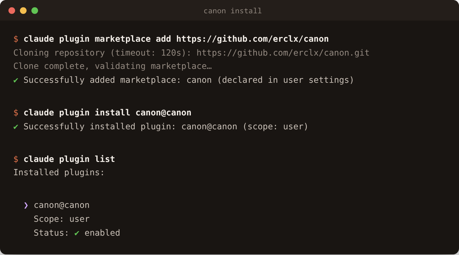 Adding the canon marketplace and installing the plugin in Claude Code